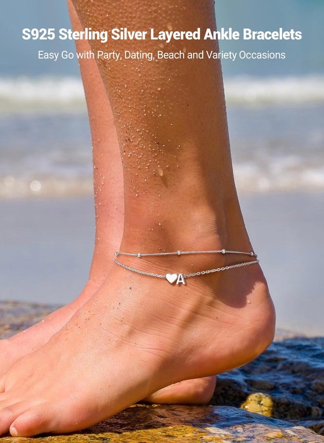 PROSILVER Ankle Bracelets for Women S925 Sterling Silver Anklets for Women Waterproof, Dainty Layered Heart Anklet, Beach Initial Anklet for Summer, Letter J - Image 2
